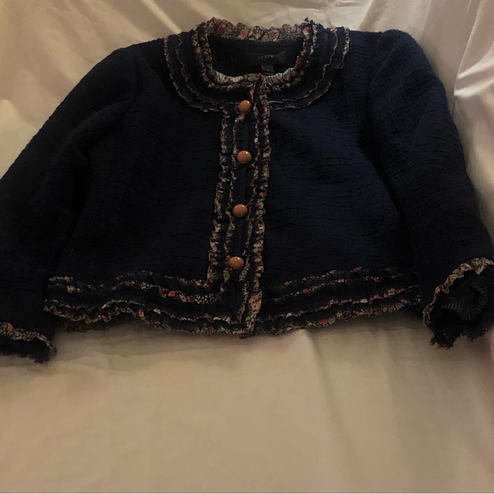 J. Crew Navy Tweed Blazer Liberty of London Floral Trim Red White & Blue Lining